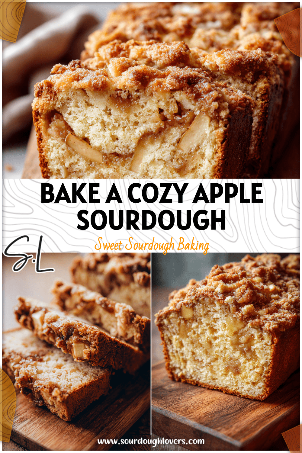 Golden Sourdough Apple Crumb Loaf sliced on a wooden board showing tender crumb and apple topping. 2026